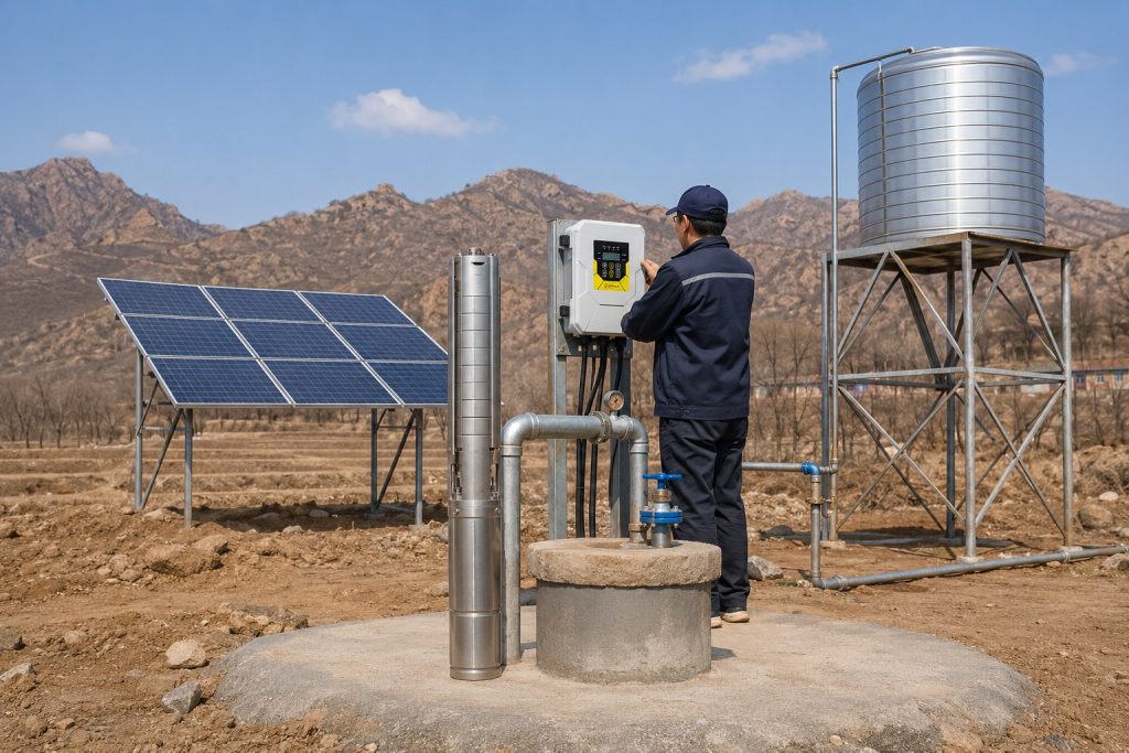 A realistic outdoor HYBSUN solar pump installation in a remote dry rural area, showing a stainless steel deep well submersible pump displayed beside a concrete borehole while the working water line rises from the wellhead through clean metal piping. A Chinese technician is adjusting the HYBSUN solar pump controller mounted near the well, with solar panels positioned nearby to power the system independently. The metal outlet pipe connects professionally through valves and fittings toward an elevated water storage tank, creating a practical solar water pump setup for long distance water transfer, irrigation, and off grid water supply. The scene highlights how a properly installed solar water pump or solar powered pond pump system can move water reliably in remote locations without grid power.