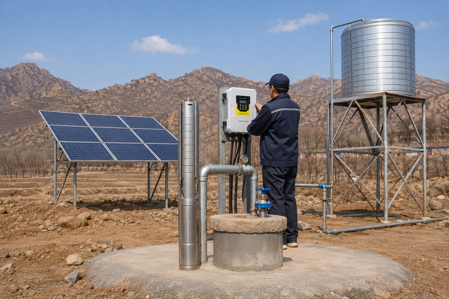 A solar panel in a field next to a water well pump