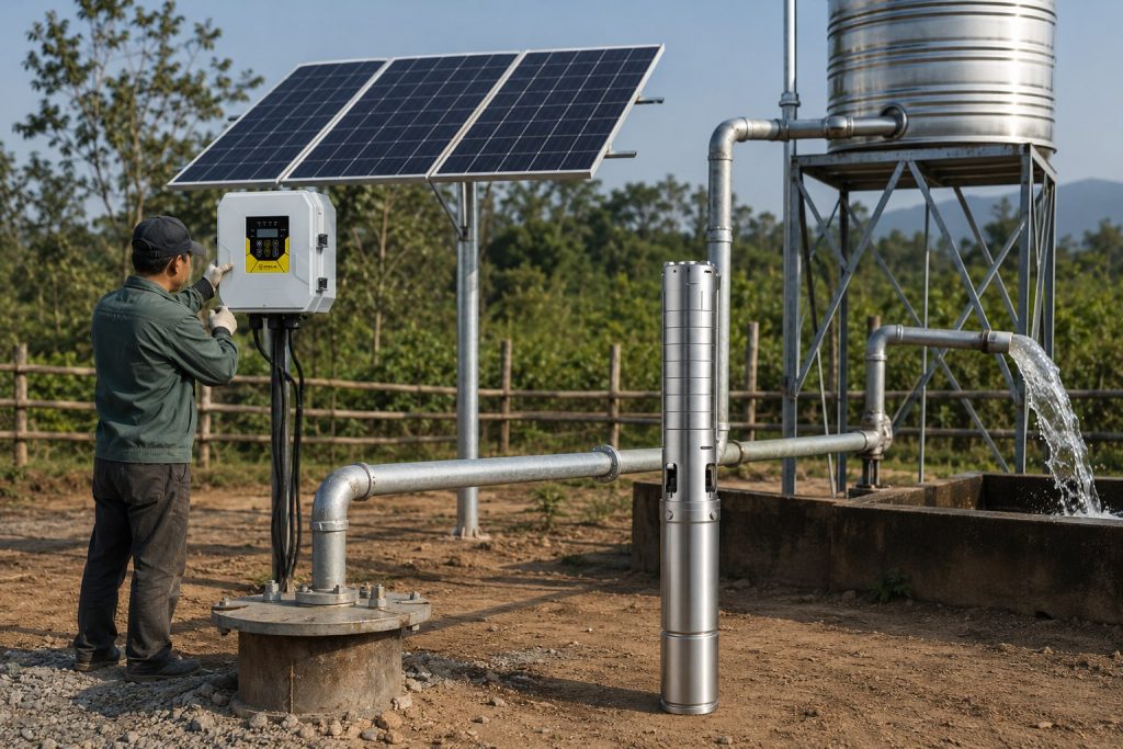 A realistic outdoor HYBSUN solar pump installation shows a stainless steel deep well submersible pump displayed beside a borehole while the working pump system delivers water through clean metal pipes from the wellhead to a raised storage tank. A Chinese technician is checking the HYBSUN solar pump controller mounted near the solar panels, with cables and pipe connections arranged in a professional field setup. Water flows strongly into a concrete basin, demonstrating how a properly designed solar water pump can lift water to higher locations for irrigation, farm supply, or rural storage. The scene also reflects the reliable piping and control standards used in solar powered pond pump applications and a complete pond pump system.