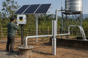 A realistic outdoor HYBSUN solar pump installation shows a stainless steel deep well submersible pump displayed beside a borehole while the working pump system delivers water through clean metal pipes from the wellhead to a raised storage tank. A Chinese technician is checking the HYBSUN solar pump controller mounted near the solar panels, with cables and pipe connections arranged in a professional field setup. Water flows strongly into a concrete basin, demonstrating how a properly designed solar water pump can lift water to higher locations for irrigation, farm supply, or rural storage. The scene also reflects the reliable piping and control standards used in solar powered pond pump applications and a complete pond pump system.