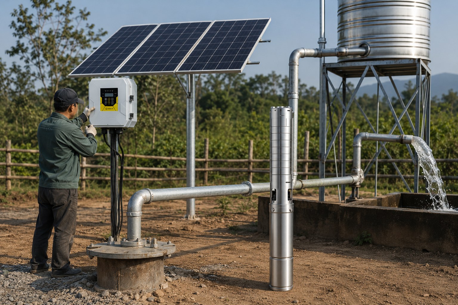 A powerful solar water pump system installed in a sunny field