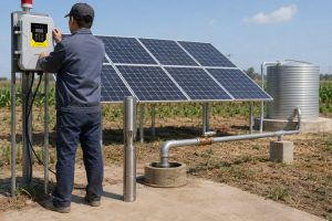 A realistic outdoor farm installation showing a HYBSUN solar pump system connected to a borehole well for irrigation. A stainless steel solar well pump is displayed beside the concrete wellhead while the actual working pump is implied to be installed underground. Clean metal pipes rise from the well and connect through professional elbows, fittings, valves, and supports toward a large water storage tank. A Chinese technician is adjusting the HYBSUN controller mounted beside the solar panel array, with crop fields in the background under clear daylight. The scene highlights a practical solar water pump setup for reducing fuel costs and improving off grid farm water supply, with installation details similar to a solar powered pond pump or pond pump system.