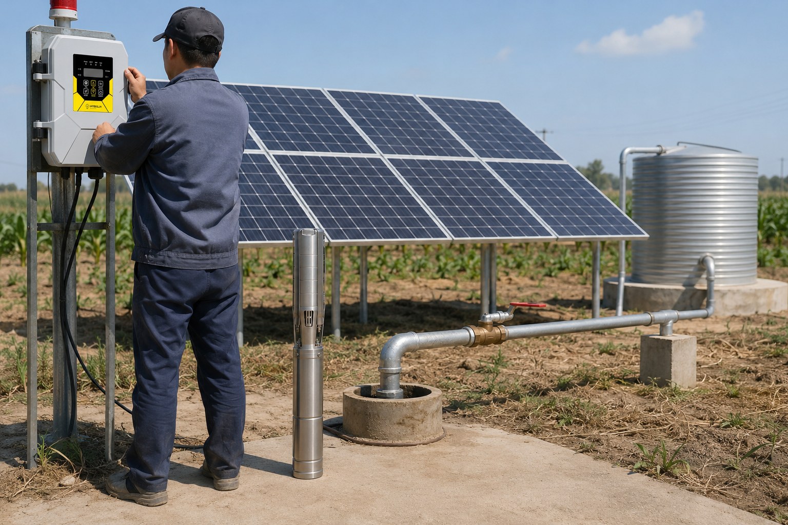 A complete solar well pump system with panels and a tank in a field