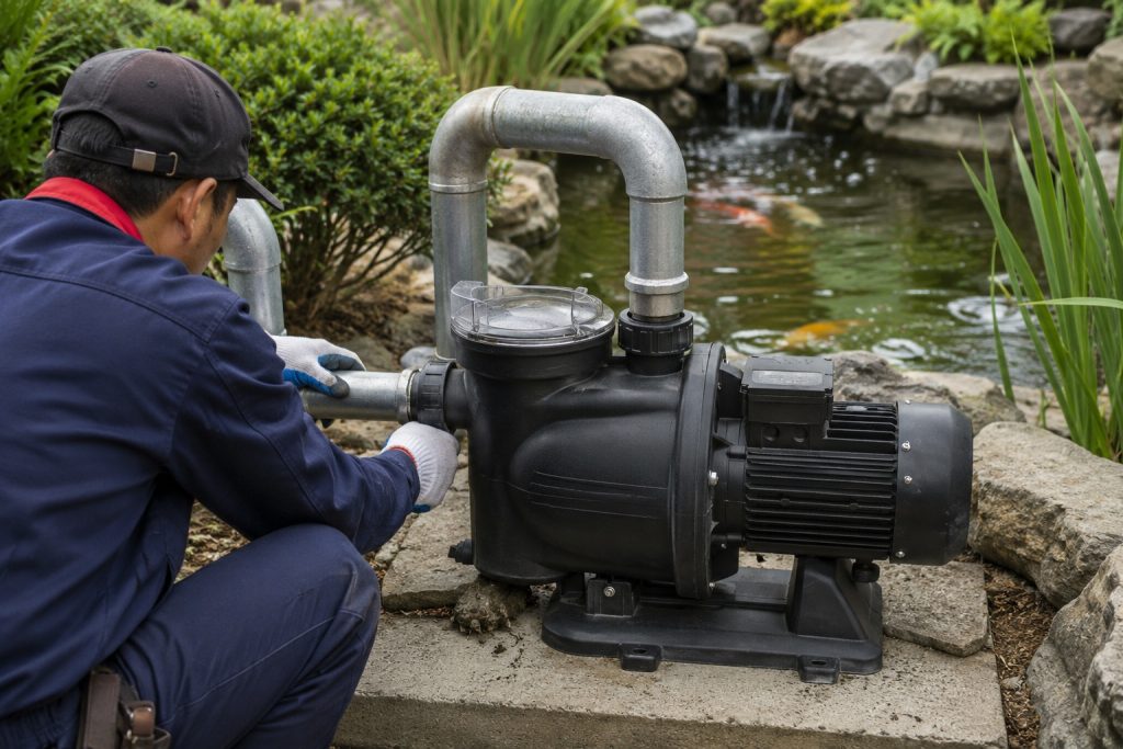 A professional pond pump installation scene showing a black HYBSUN pond pump system mounted beside a landscaped garden pond with clear moving water stone edging aquatic plants and visible fish activity The pump is connected with clean metal inlet and outlet pipes using secure fittings and a realistic plumbing layout for continuous pond circulation A Chinese technician in workwear is adjusting the pipe connection while checking the equipment setup This HYBSUN solar pump application highlights how a properly sized pond pump system or solar powered pond pump can help improve water movement filtration oxygenation and overall pond water health for a 1000 gallon pond No solar panels are visible in the image but the installation reflects a practical outdoor solar water pump and pond circulation setup for maintaining clear healthy water