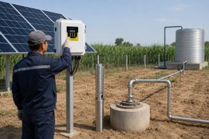 A realistic outdoor HYBSUN solar pump installation for deep well water supply, showing a stainless steel 2 hp submersible pump displayed beside a concrete borehole while the actual metal outlet pipe rises from the wellhead and connects to a clean water transfer line. A Chinese technician in workwear checks the HYBSUN solar pump controller mounted near a solar panel array, with cables neatly routed and a large water storage tank in the background. The scene clearly shows a professional solar water pump system designed for deep wells, irrigation, and rural water supply, while related applications such as a solar powered pond pump or pond pump system are represented through the clean piping layout and outdoor water management setup.