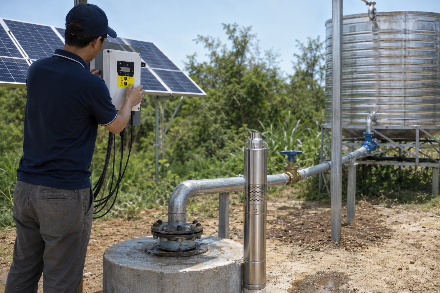 A deep well with a solar panel array nearby under a clear blue sky