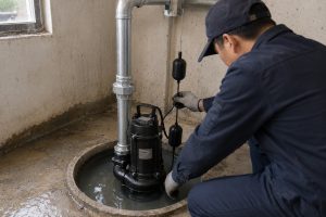 A HYBSUN black submersible float pump is installed inside a basement sump pit with shallow stormwater around the pump base, showing a realistic flood prevention setup for a home utility room. A Chinese technician in workwear is adjusting the float switch beside the pump while clean metal discharge piping rises from the sump pit and connects professionally to the drainage line. The image clearly demonstrates how a float pump works by using a water level float switch to start and stop the pump automatically. This practical HYBSUN solar pump and solar water pump application also relates to automatic water control systems used in solar powered pond pump installations and pond pump system drainage setups.