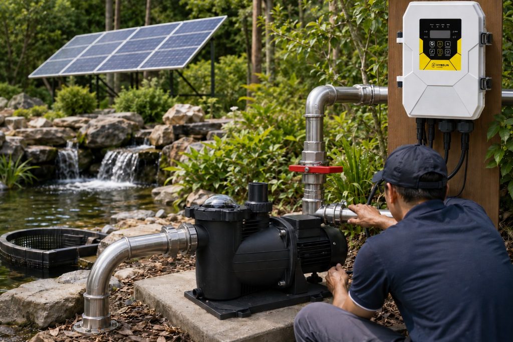 A HYBSUN solar powered pond pump is installed beside a landscaped outdoor pond, with one black pond pump mounted securely on a concrete equipment pad and connected to clean metal inlet and outlet pipes. The suction pipe runs from the pond intake area into the pump, while the discharge pipe rises through metal elbows, unions, clamps, and a red shutoff valve before returning water toward the pond circulation system. A HYBSUN solar controller is mounted on a wooden post next to the pump, with cables connected neatly below the unit, and solar panels are positioned in the background to power the system. A Chinese technician is shown from behind while checking the pipe connection, creating a realistic maintenance scene. The pond water is visibly circulating through a small rock waterfall, showing how a solar water pump supports oxygenation, steady flow, and a healthier pond environment. This professional outdoor pond pump system demonstrates how a HYBSUN solar pump can help improve water movement, reduce wiring complexity, and provide efficient solar powered pond circulation.