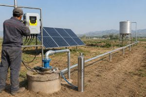 A realistic outdoor installation scene showing a HYBSUN solar pump system designed for long horizontal water transfer across a large rural property. A Chinese technician is checking the HYBSUN solar pump controller mounted beside a borehole wellhead, with solar panels positioned nearby to power the system. Clean metal pipes rise from the wellhead and extend horizontally across the field toward a raised stainless steel water storage tank in the distance, creating a professional and practical irrigation setup. One stainless steel submersible solar water pump is displayed upright beside the well as a product reference, while the actual working installation focuses on the borehole, controller, solar panels, pipe connection, and long-distance water delivery route. This HYBSUN solar pump setup is suitable for farmland irrigation, pond pump system applications, solar powered pond pump projects, and off-grid water supply where grid power is unavailable.