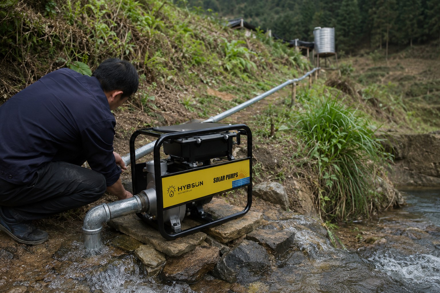 A hydraulic ram pump system installed in a stream
