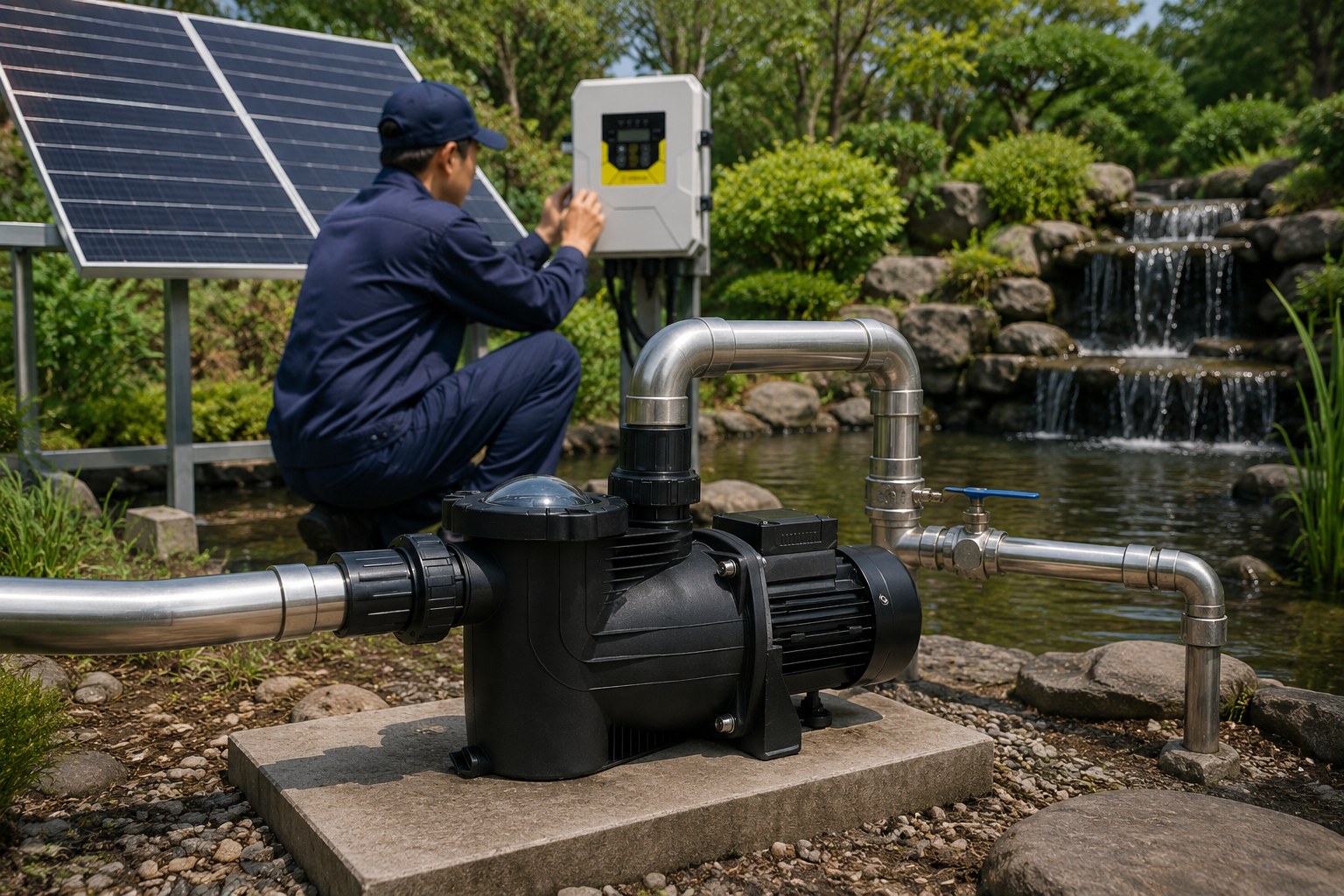 A solar pond pump creating a fountain in a sunlit garden pond