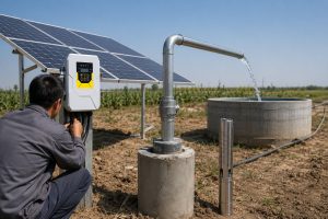 A realistic outdoor HYBSUN solar pump installation scene in a rural farmland setting, showing a deep well solar water pump system powered by large solar panels. A clean stainless steel submersible borehole pump is displayed upright beside the wellhead for product reference, while the actual pumping setup shows water rising through a new metal discharge pipe from the concrete well casing and flowing steadily into a round storage tank. A Chinese technician is crouching near the HYBSUN solar pump controller, checking the cable connections under the solar panel array. The scene includes dry soil, crop fields, irrigation piping, bright daylight, and professionally connected metal pipes, illustrating how a solar water pump can lift water from a deep well for irrigation or storage. This HYBSUN solar pump setup is designed for off grid water supply applications and offers a stronger solution than a small solar powered pond pump or basic pond pump system.