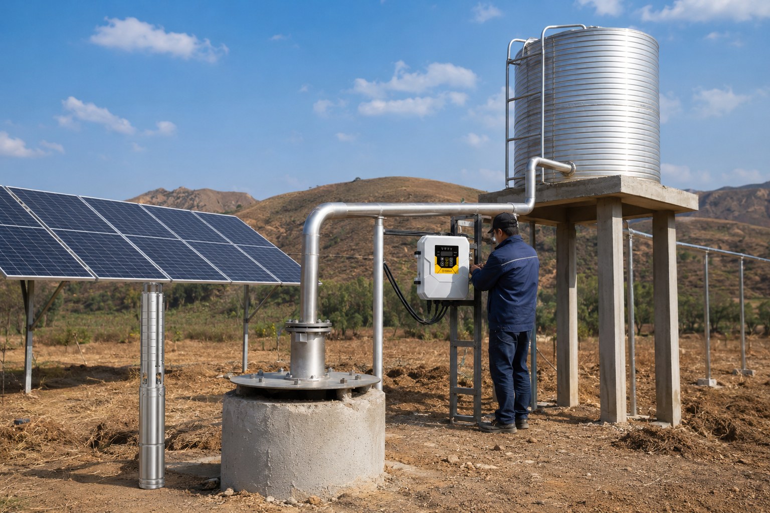A solar pump lifting water from a deep well into a storage tank
