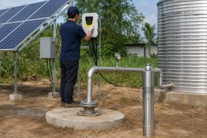 A realistic outdoor HYBSUN solar pump installation showing a stainless steel deep well submersible pump displayed beside a borehole wellhead, with clean metal discharge piping connected from the well to a large water storage tank. A Chinese technician is checking the HYBSUN controller near the solar panel array, suggesting a professional solar water pump system designed for reliable continuous operation. The scene includes polished pipe fittings, a pressure gauge, solar panels, controller wiring, and a rural agricultural water supply setup, making it suitable for explaining long running performance in a solar powered pond pump or pond pump system.