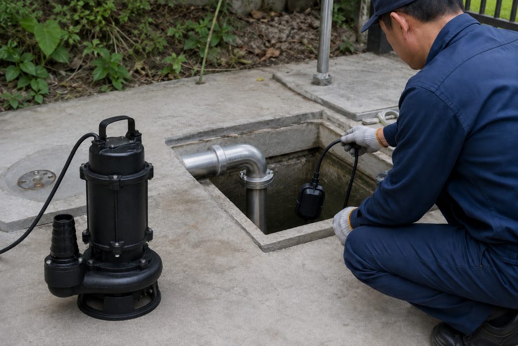 A HYBSUN solar pump is shown in a real outdoor sump pump installation scene, with a black submersible pump placed beside an open concrete drainage pit for inspection before installation. A Chinese technician in blue workwear is checking a black pump float switch and cable near the water chamber to help prevent flooding, dry running, and pump burnout. Clean metal discharge piping is connected inside the pit with a professional elbow fitting, showing a realistic drainage and water control setup. This image highlights how a reliable pump float supports long service life and system protection in a solar water pump, solar powered pond pump, and pond pump system application.