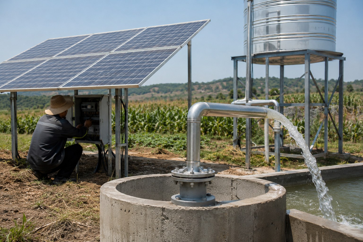 A solar water pump system installed in a sunny field, powering irrigation.