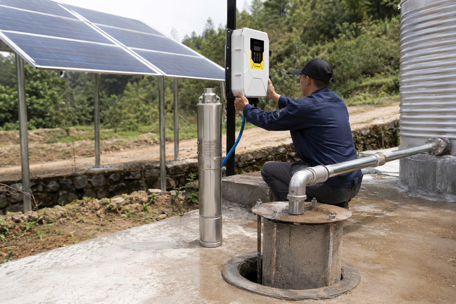 A solar well pump system installed in a sunny field