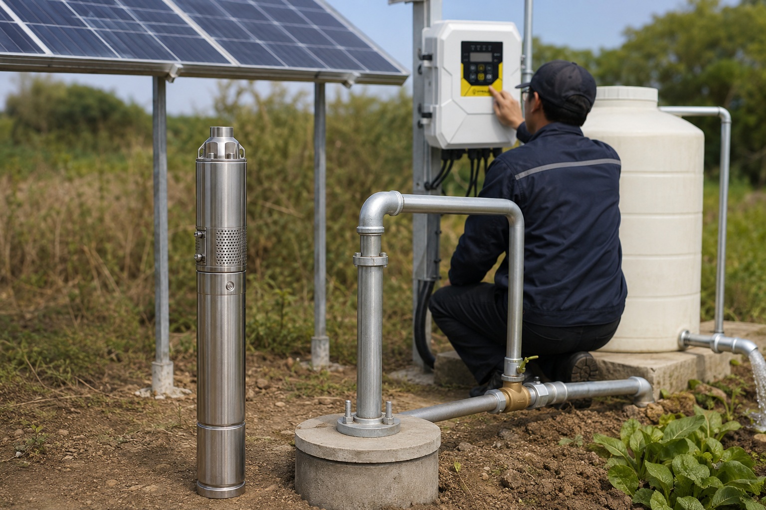 A 5hp submersible pump being lowered into a well with water flow graphics overlayed