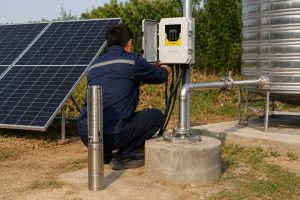A realistic outdoor installation scene showing a HYBSUN solar pump system beside a borehole well, with a stainless steel submersible pump displayed upright near the wellhead while clean metal piping carries water from the well to a large storage tank. A Chinese technician is adjusting the HYBSUN solar pump controller mounted near the pipework, with solar panels positioned beside the system to power the installation. The professional setup includes secure pipe fittings, a sealed wellhead, electrical cables, and a rural field background, showing how a solar water pump can support reliable water supply performance for irrigation, livestock, or a pond pump system. No visible water discharge is shown, but the connected piping indicates a ready to operate solar powered pond pump or deep well pumping system.