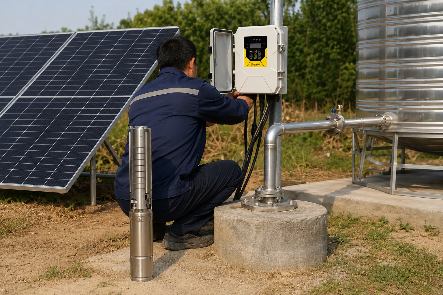 A 1 HP submersible pump being installed into a well casing