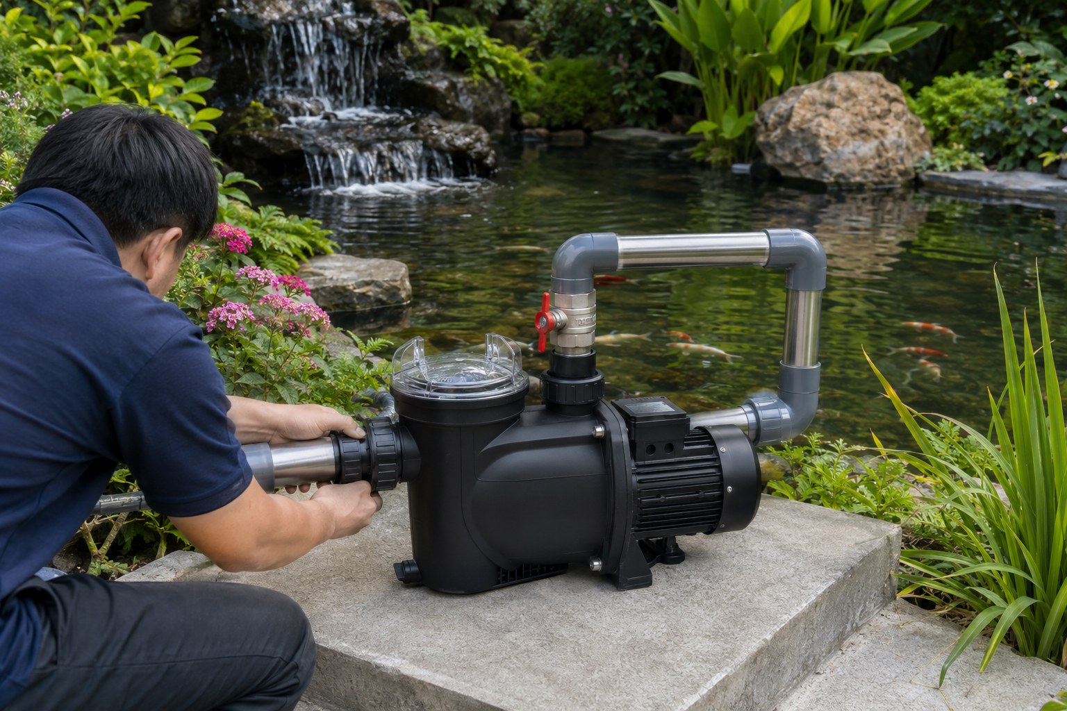 A beautiful garden pond with a small waterfall, indicating a running pump.