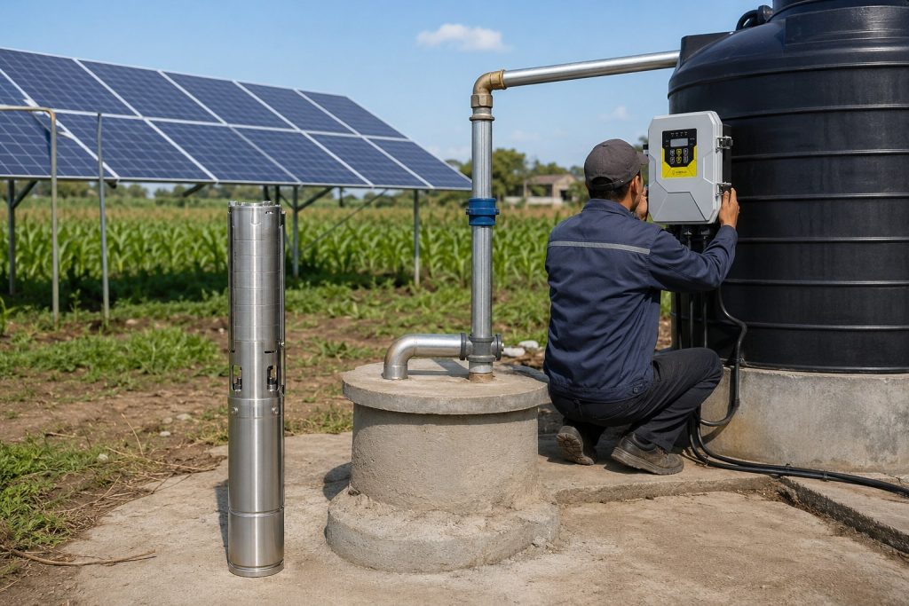 A realistic HYBSUN solar pump installation scene showing a stainless steel solar water pump displayed beside a concrete borehole wellhead in a rural farm setting. A clean metal outlet pipe rises from the well and connects professionally to a black water storage tank, while a HYBSUN solar pump controller is mounted near the tank for system operation. Solar panels are installed in the background to power the pump system, and a Chinese technician is checking the controller with his face not visible. The scene shows a practical off grid irrigation setup for dependable water supply, suitable for explaining how many kW is needed for a 3 hp solar pump. This image also relates to solar powered pond pump applications, solar water pump systems, pond pump system design, and HYBSUN solar pump solutions for farms and remote water projects.