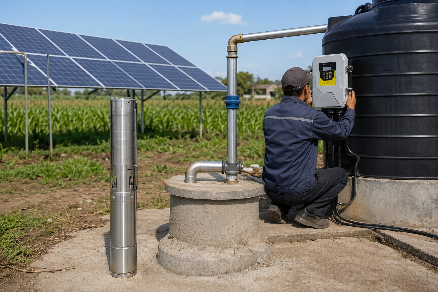 A 3 HP solar water pump system installed in a sunny field, with solar panels angled towards the sun and water flowing into an irrigation ditch.