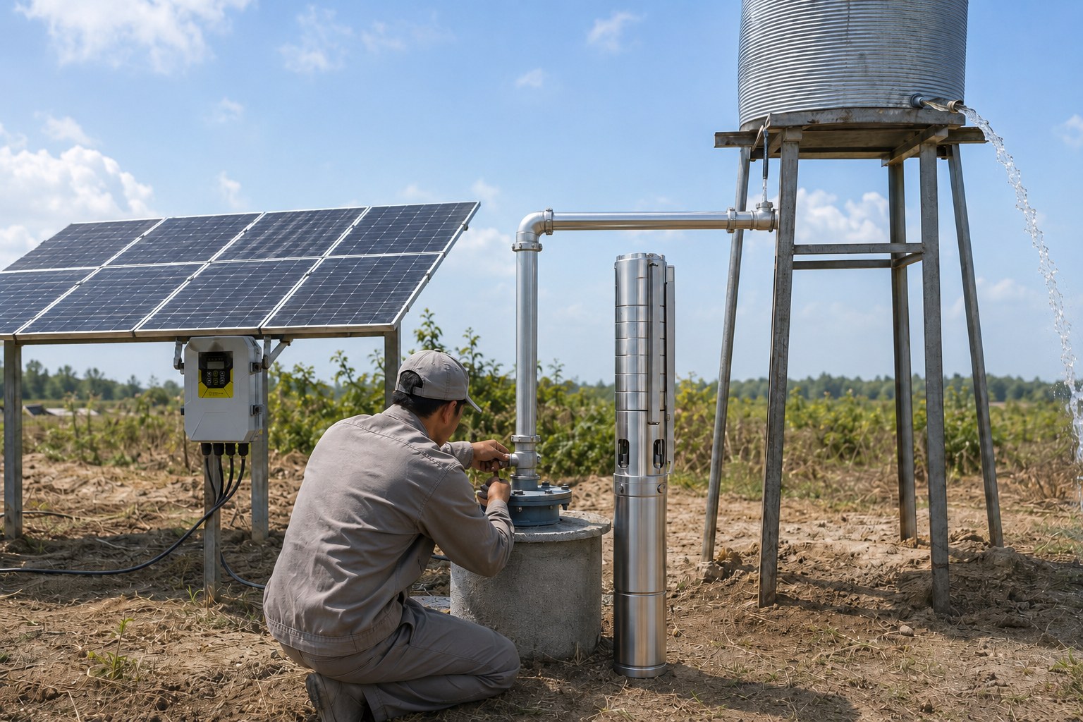 A 1 HP solar water pump system with solar panels in a field.