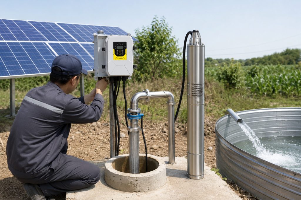 A realistic outdoor HYBSUN solar pump installation scene showing a stainless steel 1 hp submersible water pump displayed beside a borehole wellhead while the actual system is connected through clean metal piping. A Chinese technician is adjusting the HYBSUN solar pump controller near a row of solar panels, with water flowing from the discharge pipe into a corrugated metal storage tank. The professional setup highlights a reliable solar water pump system for farm irrigation and rural water supply, while helping explain why real running watts for a 1 hp pump are higher than the theoretical 746 watts. The scene also provides useful visual context for comparing borehole pump power needs with a solar powered pond pump or pond pump system.