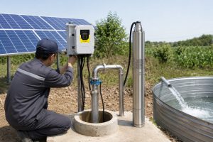 A realistic outdoor HYBSUN solar pump installation scene showing a stainless steel 1 hp submersible water pump displayed beside a borehole wellhead while the actual system is connected through clean metal piping. A Chinese technician is adjusting the HYBSUN solar pump controller near a row of solar panels, with water flowing from the discharge pipe into a corrugated metal storage tank. The professional setup highlights a reliable solar water pump system for farm irrigation and rural water supply, while helping explain why real running watts for a 1 hp pump are higher than the theoretical 746 watts. The scene also provides useful visual context for comparing borehole pump power needs with a solar powered pond pump or pond pump system.
