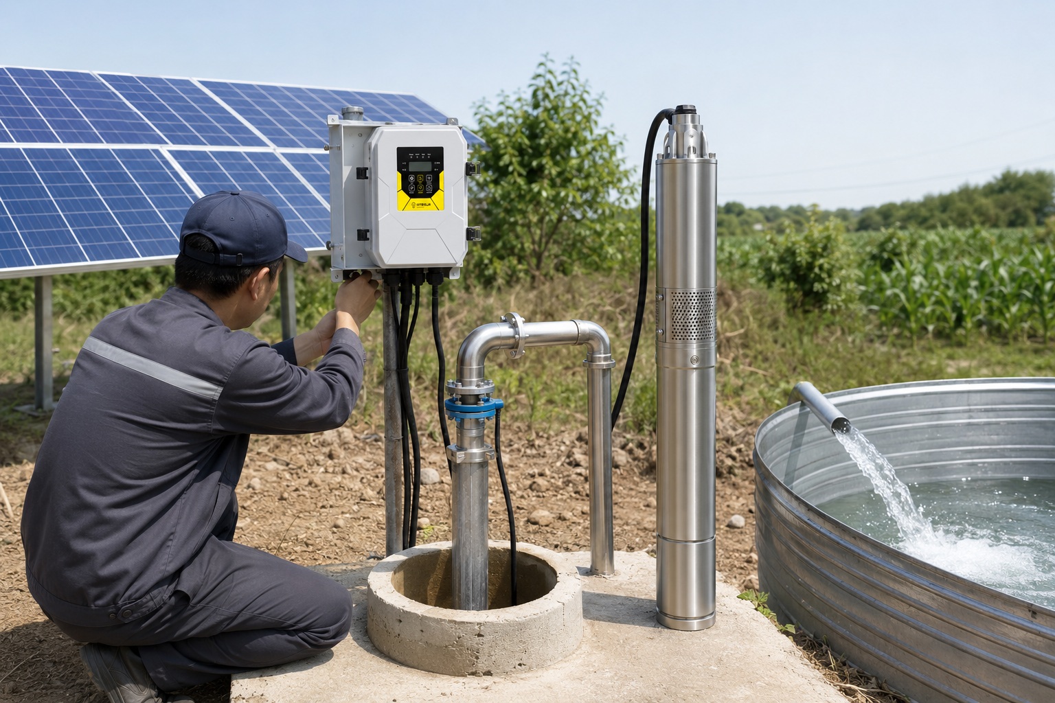 A 1 hp water pump connected to a power meter showing its wattage