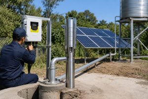 A realistic outdoor HYBSUN solar pump installation scene showing a stainless steel deep well water pump displayed beside a concrete wellhead while clean metal piping carries water from the borehole toward a raised storage tank. A Chinese technician in workwear adjusts the HYBSUN solar pump controller mounted on a metal frame, with solar panels installed behind the system to power the pump. The professional setup illustrates how to size power correctly for a 1 hp water pump, including running watts and starting wattage, while showing a practical solar water pump and pond pump system environment suitable for irrigation, water storage, and off grid water supply.