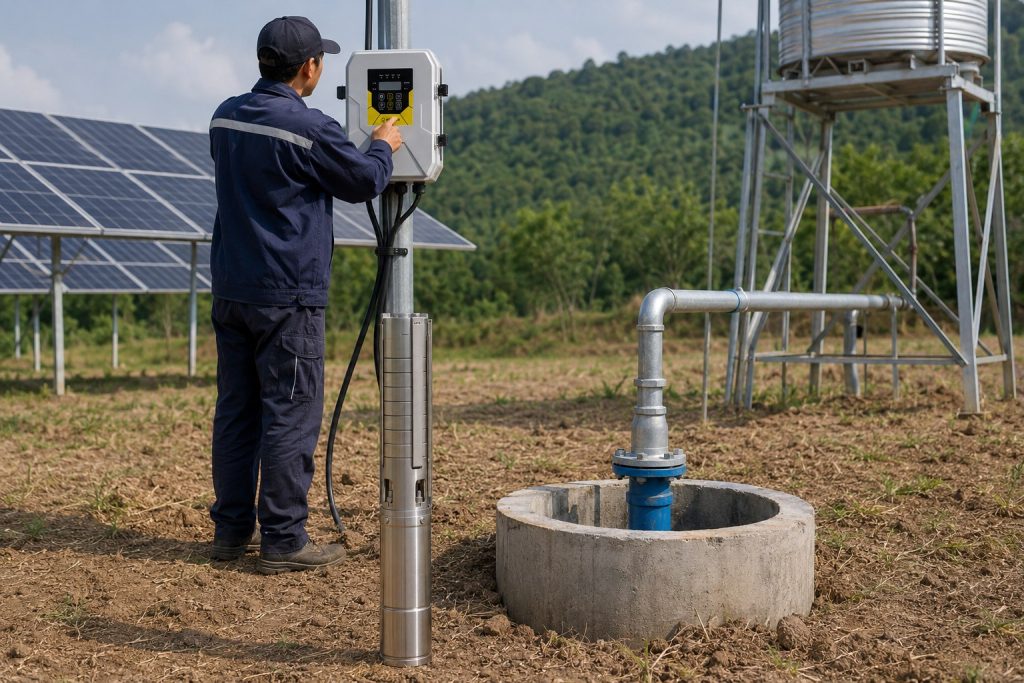 A realistic outdoor installation scene showing a HYBSUN solar pump system beside a concrete borehole wellhead in a rural field. A stainless steel submersible centrifugal pump is displayed upright near the well for product reference, while the working water line comes from the wellhead through clean galvanized metal pipes and professional fittings toward an elevated water tank. A technician in workwear is checking the HYBSUN solar pump controller mounted on a metal post, with solar panels installed nearby to power the system. The setup shows a practical solar water pump installation for irrigation or water storage, with the water flow routed through the metal pipe network rather than exposing the submersible pump above ground. This professional pond pump system style scene helps explain solar powered pond pump applications, solar water pump cost factors, and HYBSUN solar pump installation value in real agricultural use.