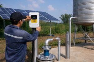 A realistic outdoor HYBSUN solar pump installation scene showing a solar well pump system beside a rural wellhead, with clean metal piping connected from the borehole to a raised stainless steel water storage tank. A Chinese technician is adjusting the HYBSUN solar pump controller while solar panels collect power in the background. One stainless steel submersible well pump is displayed upright near the installation, showing its slim metal body and perforated intake section. The scene clearly presents a professional solar water pump setup for off grid water supply, irrigation, and long term well pumping applications, while also relating to solar powered pond pump and pond pump system searches for users comparing solar water solutions.