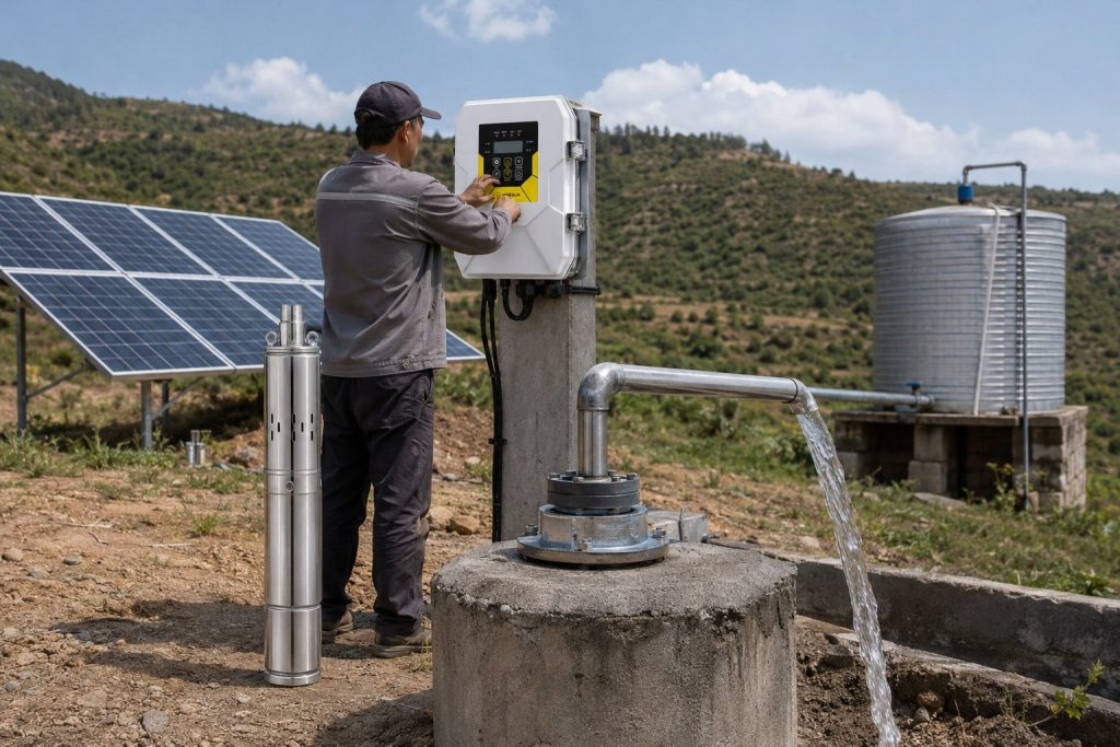 A realistic outdoor HYBSUN solar water pump installation in an off grid rural area, showing a stainless steel deep well pump displayed beside a concrete borehole while the actual water flow comes from a clean metal pipe connected to the wellhead. A Chinese technician is adjusting the HYBSUN solar pump controller mounted on a concrete post, with solar panels positioned nearby to power the system. Clear water discharges through a new metal outlet pipe toward an irrigation channel, with a large metal water storage tank in the background. The scene highlights a professional solar water pump setup for remote water supply, irrigation, and buyers comparing a solar powered pond pump or pond pump system with a complete HYBSUN solar pump solution.