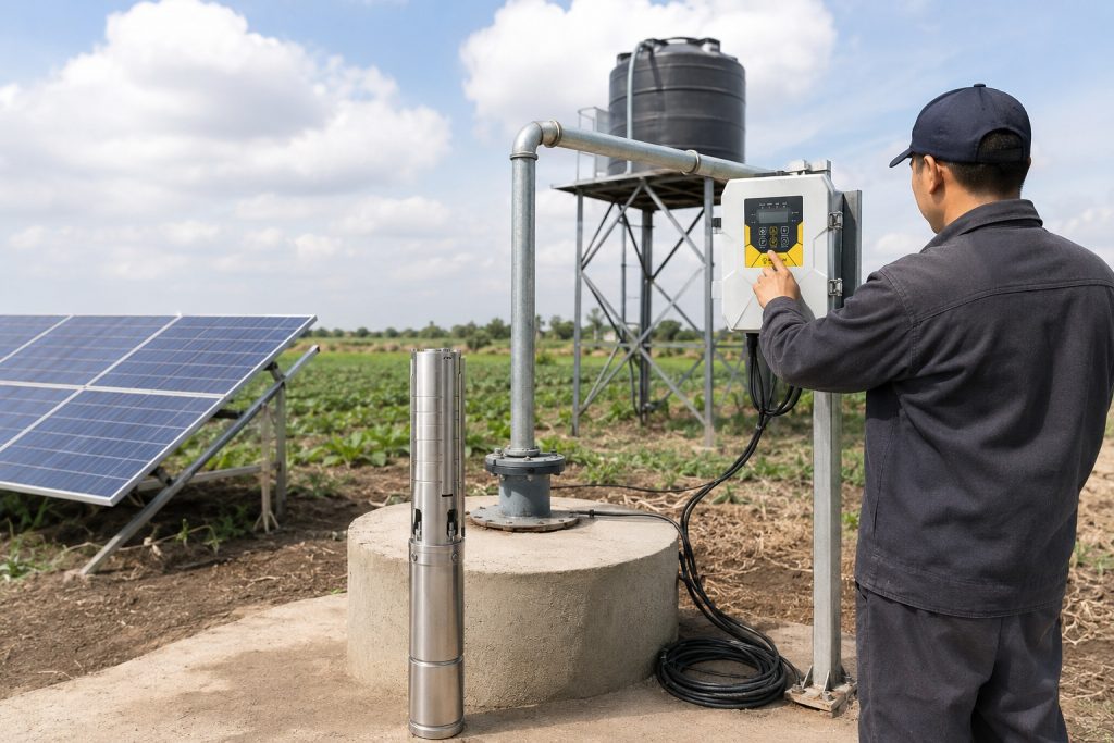 A realistic outdoor HYBSUN solar pump installation shows a stainless steel submersible solar water pump displayed beside a concrete borehole wellhead, with clean galvanized metal pipes leading water toward an elevated storage tank for farm irrigation. A Chinese technician in work clothes is adjusting the HYBSUN solar pump controller mounted near the well, while solar panels beside the crop field provide power under bright daylight with scattered clouds. The professional setup highlights how a well designed solar water pump system can support reliable water supply even when sunlight is not perfectly constant. This scene is suitable for deep well irrigation, livestock watering, and related solar powered pond pump or pond pump system applications where efficient solar pumping and proper controller matching are important.