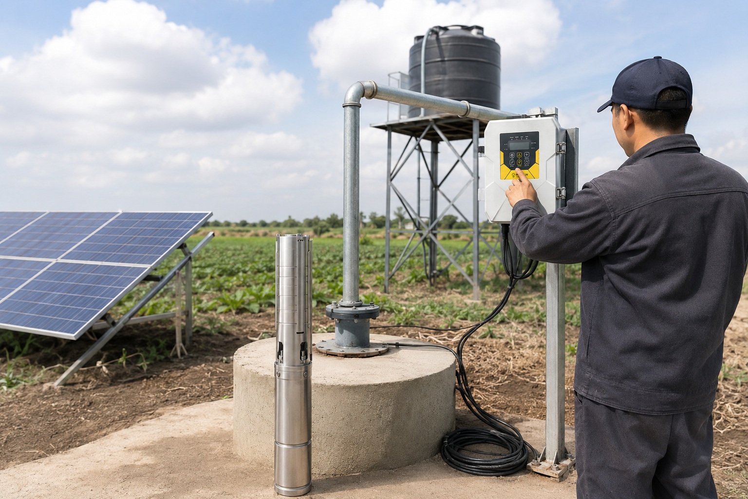 A solar panel array in a field next to a water pump