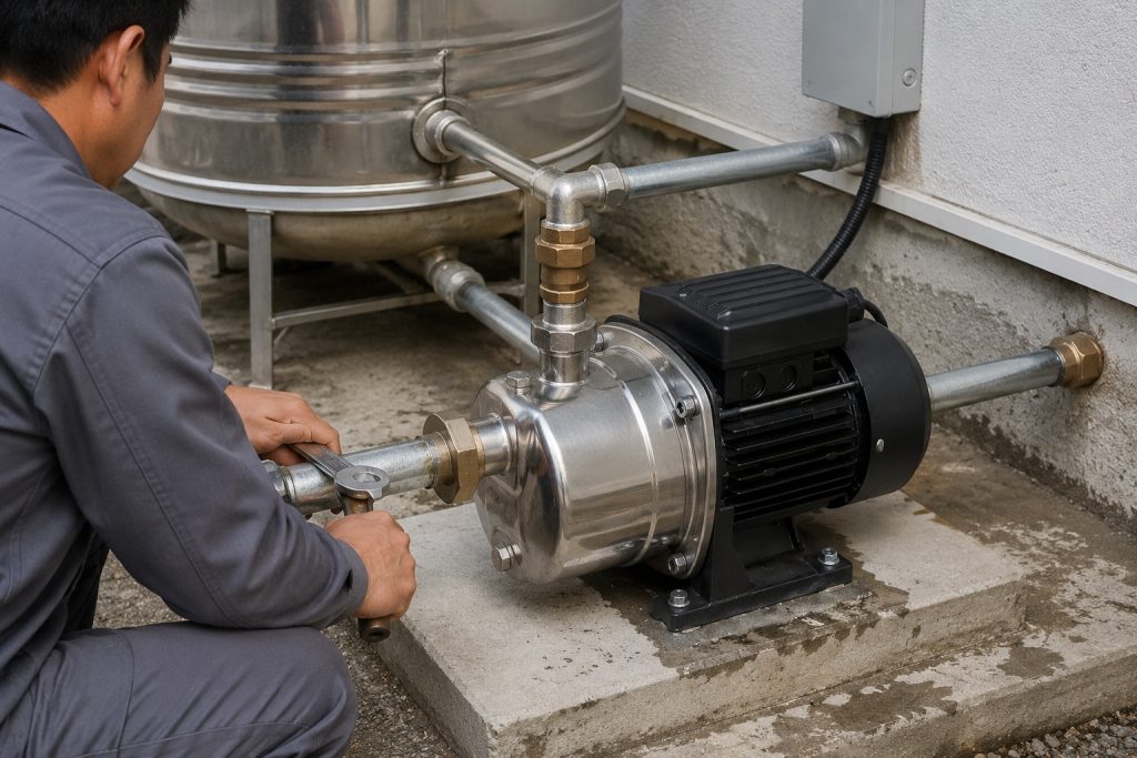 A realistic outdoor installation scene showing a HYBSUN water booster pump mounted on a concrete platform beside a stainless steel water tank and building wall. The pump features a polished stainless steel pump body, black motor housing, and secure base bolts, with clean metal inlet and outlet pipes connected through professional brass fittings and elbows. A Chinese technician is adjusting the pipe connection with a wrench, while the system appears ready to improve weak shower pressure and stabilize household water flow. The practical setup highlights how a properly installed booster pump supports reliable water pressure for homes and small businesses, with a neat equipment area and professional plumbing layout suitable for real water pump system applications.