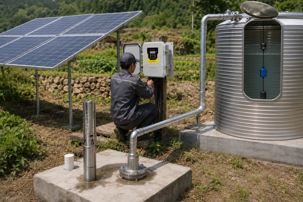 A realistic outdoor HYBSUN solar pump installation scene showing a stainless steel solar water pump displayed beside a borehole wellhead while a technician connects float switch wiring to a solar pump controller. Clean metal pipes run from the wellhead to a corrugated water storage tank, where the float switch is positioned inside the tank to control water levels and prevent overflow or dry running. Solar panels power the system in a rural agricultural setting, with professional pipe fittings, controller wiring, and a practical layout suitable for irrigation, water storage, solar powered pond pump applications, and a complete pond pump system using a HYBSUN solar pump.