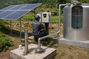 A realistic outdoor HYBSUN solar pump installation scene showing a stainless steel solar water pump displayed beside a borehole wellhead while a technician connects float switch wiring to a solar pump controller. Clean metal pipes run from the wellhead to a corrugated water storage tank, where the float switch is positioned inside the tank to control water levels and prevent overflow or dry running. Solar panels power the system in a rural agricultural setting, with professional pipe fittings, controller wiring, and a practical layout suitable for irrigation, water storage, solar powered pond pump applications, and a complete pond pump system using a HYBSUN solar pump.