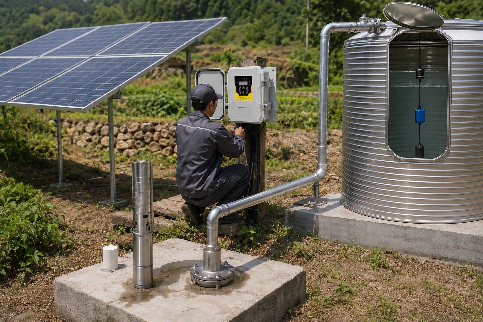 A float switch being installed in a water tank next to a solar pump