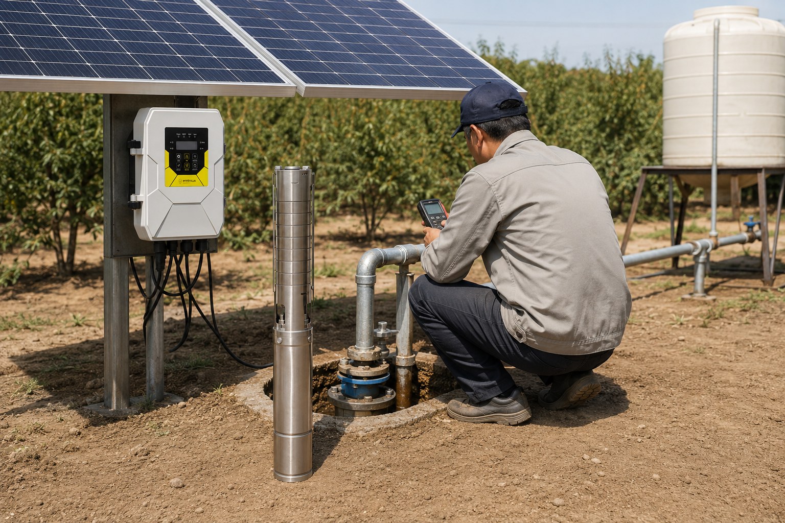 Technician inspecting an industrial water pump for signs of failure