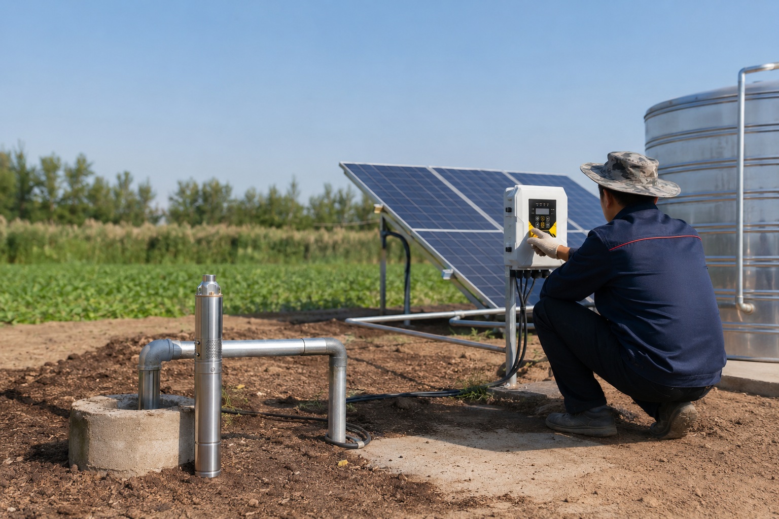 A solar panel array connected to a water pump in a field