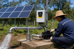 A realistic outdoor installation scene showing a HYBSUN solar pump system connected to clean metal pipes, a white solar pump controller, and a row of solar panels in a rural farm setting. The black surface water pump is mounted on a concrete base with proper inlet and outlet pipe connections, while strong water flow discharges from the metal pipe for irrigation use. A worker checks the equipment beside the pump, creating a practical view of how a solar water pump can support reliable water access for farms, gardens, and pond applications. This setup also represents a solar powered pond pump and pond pump system powered by renewable energy.
