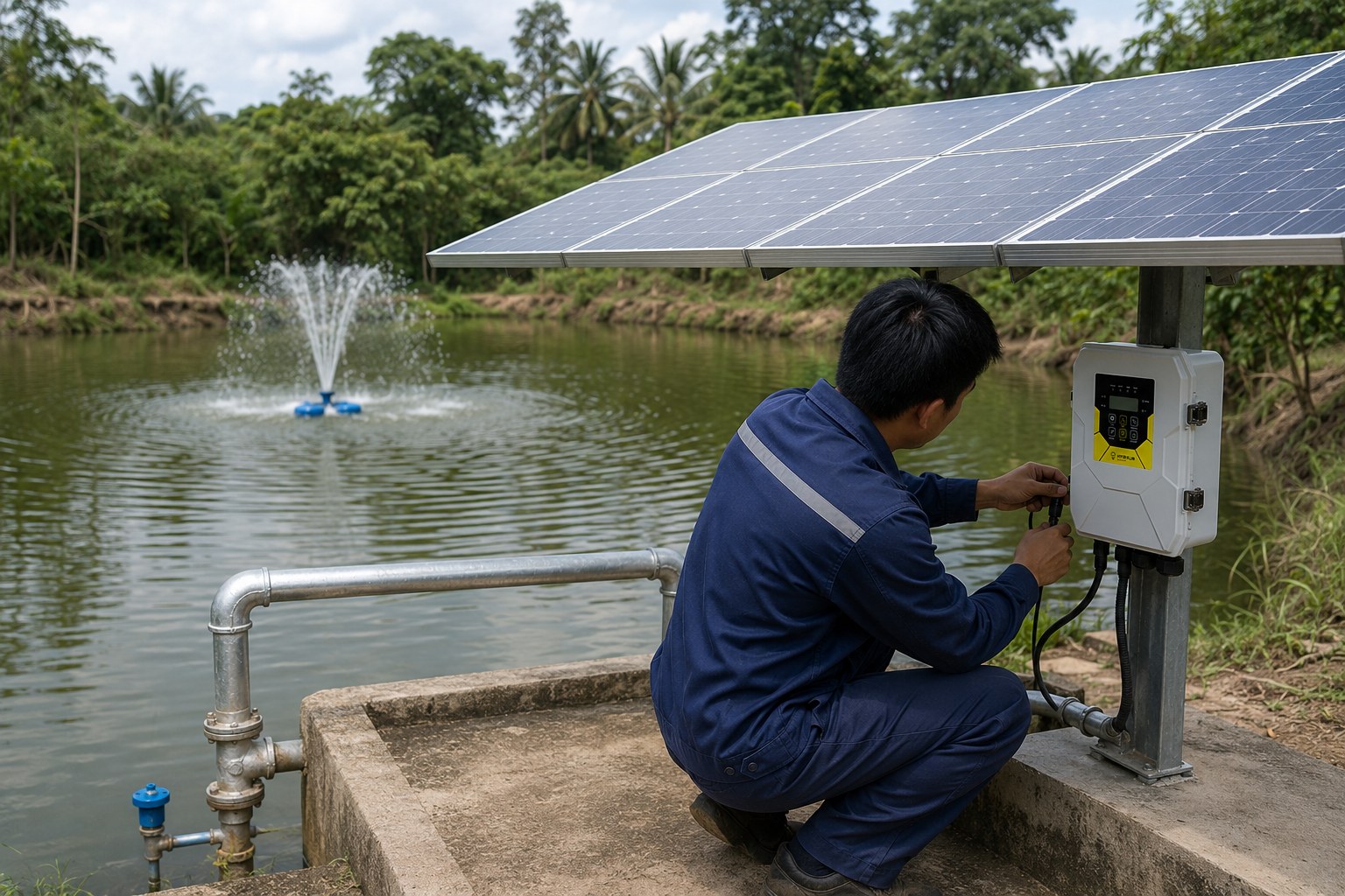 A healthy, clear pond with lily pads and a small solar fountain spraying water.