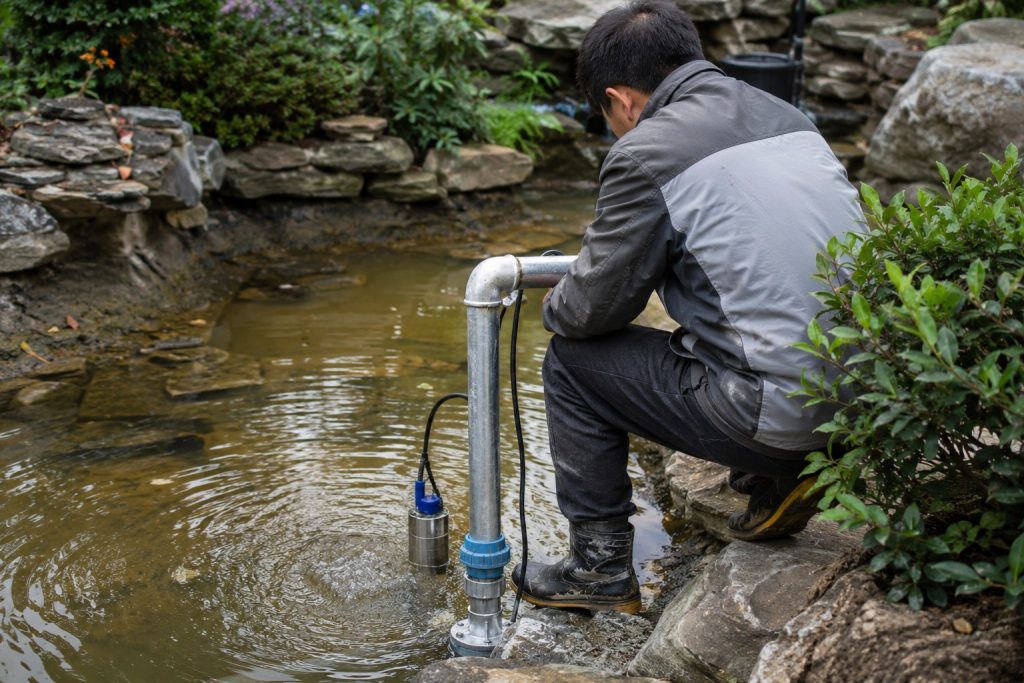 A Chinese technician kneels beside a murky garden pond while checking a HYBSUN solar pump installation for pond draining and maintenance. A stainless steel submersible pump is placed in the deeper water and connected to a clean metal pipe with a vertical outlet and elbow fitting, creating visible ripples as the pond pump system removes dirty water. Surrounded by natural rocks, plants, and shallow brown pond water, the scene shows a realistic outdoor setup for using a solar powered pond pump or solar water pump to restore water clarity and support healthier fish and plants.