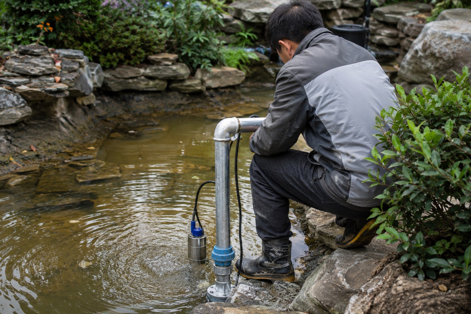 A person using a submersible pump with a hose to drain a small garden pond.