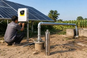 A realistic outdoor installation scene showing a HYBSUN solar pump system connected to a borehole wellhead in a rural irrigation area. A stainless steel submersible solar water pump is displayed beside the well while clean metal pipes rise from the borehole and carry flowing water toward a concrete water outlet. Large solar panels power the system through a HYBSUN solar pump controller, with a Chinese technician checking the cable connections. The scene clearly shows how a solar water pump can support stable water supply for irrigation, pond pump system applications, and solar powered pond pump or off grid water pumping needs.