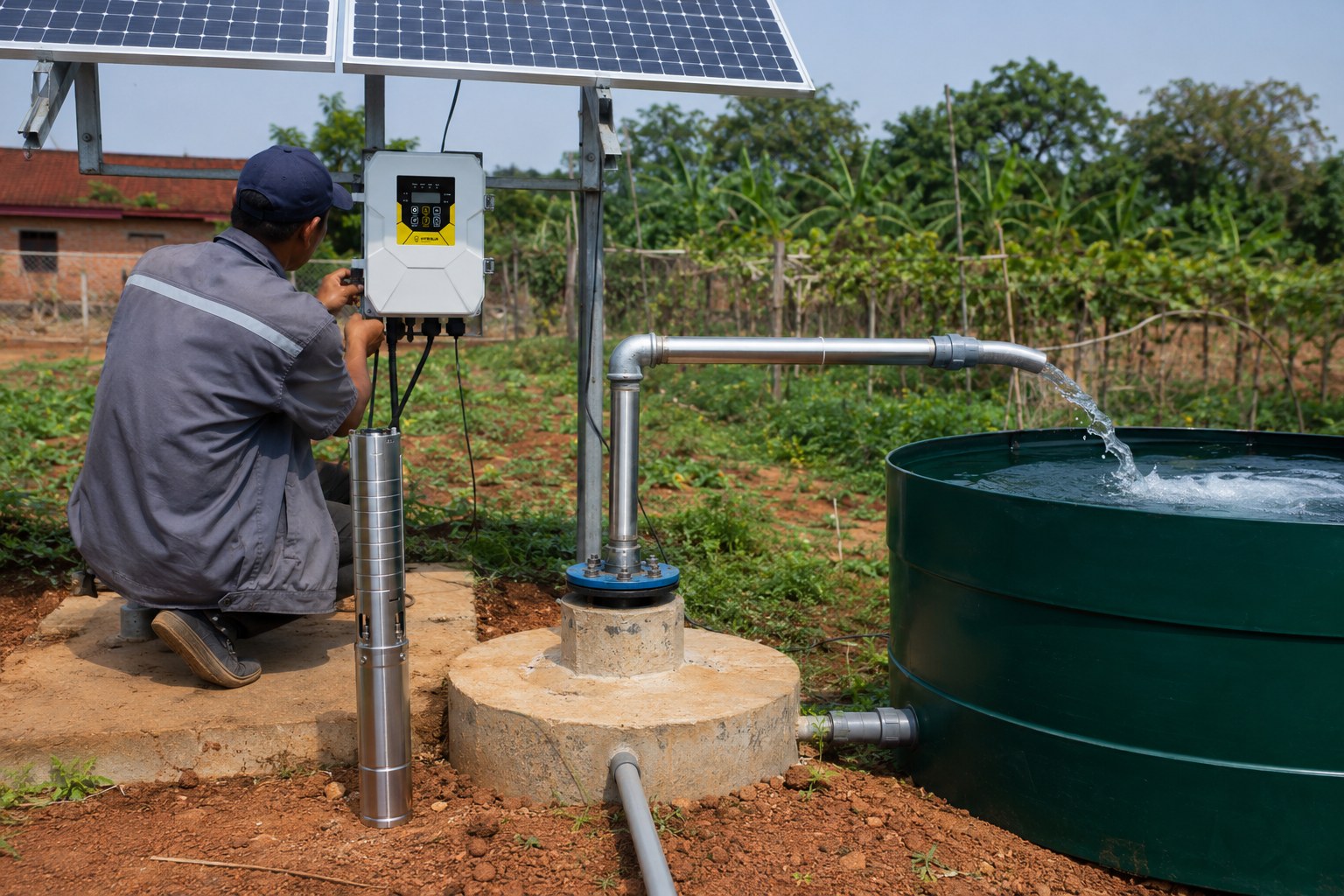 A solar water pump system operating in a sunny field