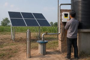 A realistic outdoor HYBSUN solar pump installation scene showing a stainless steel submersible solar water pump displayed beside a borehole wellhead, with clean metal discharge pipes connected from the well to a large water storage tank. A Chinese technician is checking the HYBSUN solar pump controller mounted on a brick wall, while a solar panel array powers the system in the background. The setup shows a professional solar water pump application for farm irrigation and water supply, helping users understand how to size a solar water pump based on total dynamic head, daily water demand, pump type, and solar panel capacity. The scene also reflects practical sizing considerations for a HYBSUN solar pump, solar powered pond pump, pond pump system, and off grid water pumping installation.